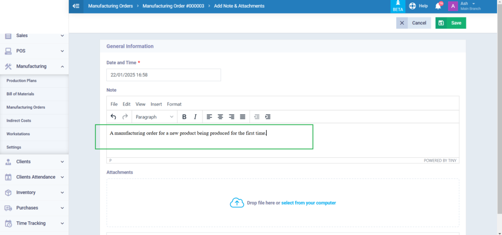 Adding a Note/ Attachment to the Manufacturing Plan - Daftra Knowledge Base