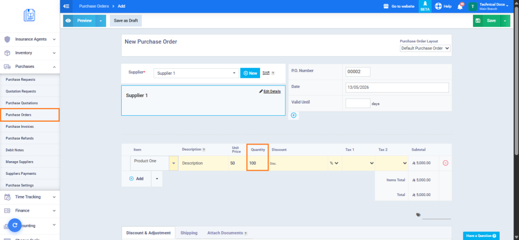 Converting a Purchase Order into Multiple Purchase Invoices - Daftra ...