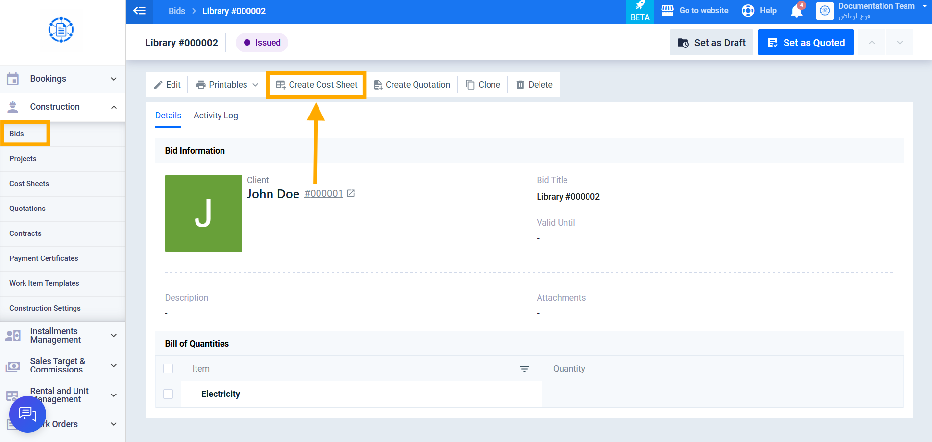 create cost sheet