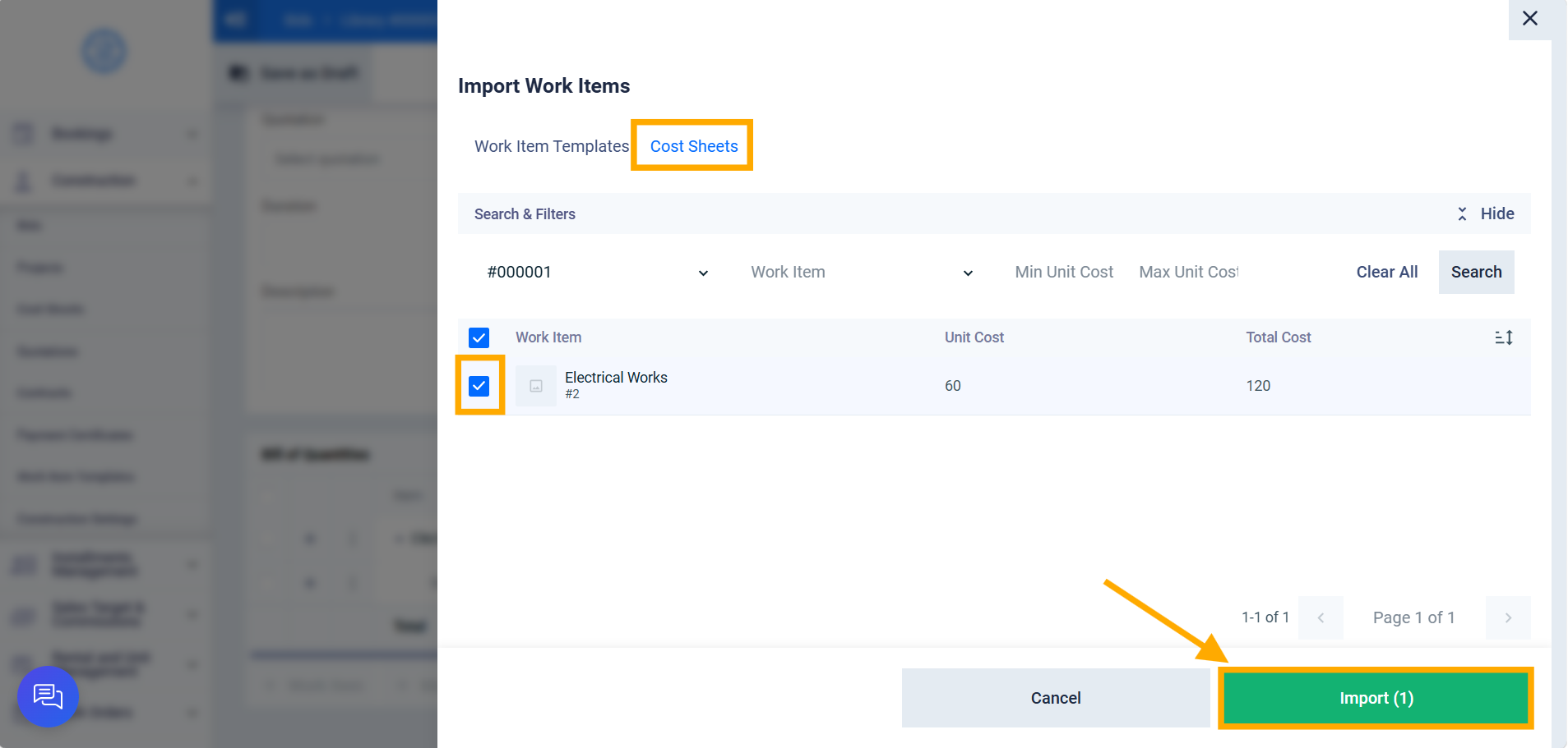 import from cost sheet